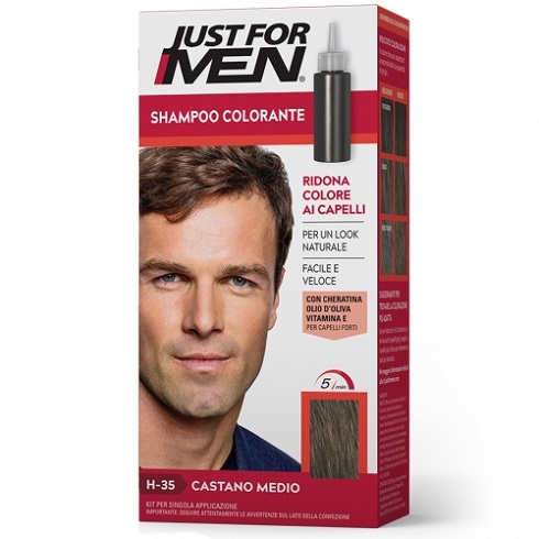 JUST FOR MEN SHAMPOO COLORANTE H35 CASTANO MEDIO ATTIVATORE CHIARO 38,5 ML + BASE COLORE 27,5 ML - Farmafamily.it
