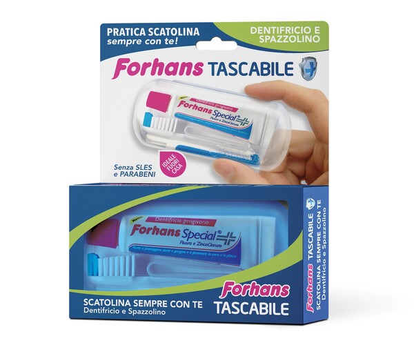 FORHANS TRAVEL KIT TASCABILE COMPOSTO DA SPAZZOLINO DA VIAGGIO + FORHANS SPECIAL PASTA DENTIFRICIA TUBETTO 12,5 ML - Farmafamily.it