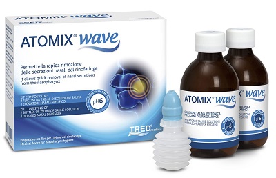 ATOMIX WAVE DISPOSITIVO PER IGIENE RINOFARINGEA ATOMIX SOLUZIONE SALINA 250 ML 2 PEZZI + TERMINALE NASALE + EROGATORE A SOFFIETTO - Farmafamily.it