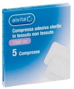 ALVITA GARZA COMPRESSA ADESIVA STERILE IN TESSUTO NON TESSUTO ESTENSIBILE BIANCO 10X6CM 5 PEZZI - Farmafamily.it