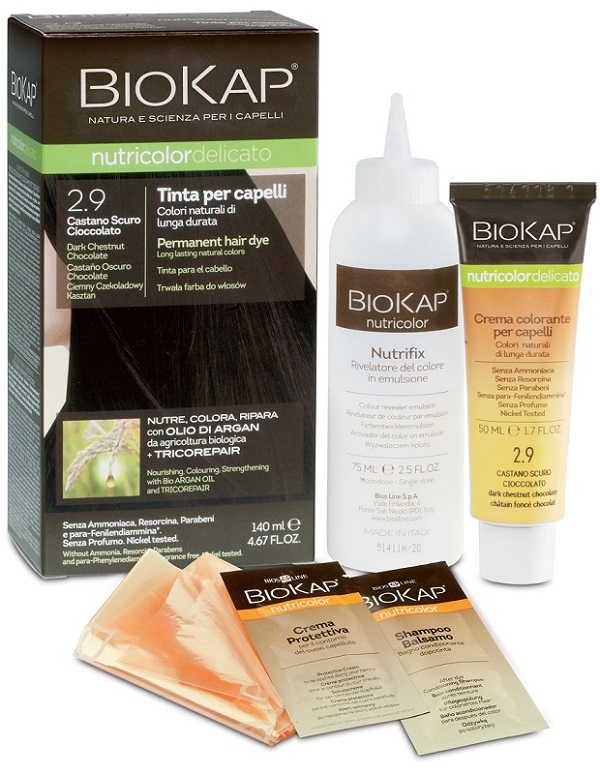 BIOKAP NUTRICOLOR DELICATO 2,9 CASTANO SCURO CIOCCOLATO TINTA TUBO + FLACONE - Farmafamily.it