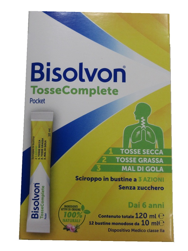 BISOLVON TOSSE COMPLETE POCKET SCIROPPO 12 BUSTINE DA 10 ML SENZA ZUCCHERO SENZA GLUTINE SENZA LATTOSIO - Farmafamily.it