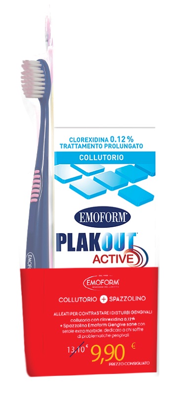 EMOFORM PLAKOUT ACTIVE COLLUTORIO 0,12% CLOREXIDINA 200 ML + EMOFORM GENGIVE SANE SPAZZOLINO - Farmafamily.it