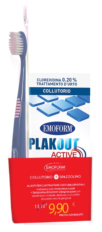 EMOFORM PLAKOUT ACTIVE COLLUTORIO 0,20% CLOREXIDINA 200 ML + EMOFORM GENGIVE SANE SPAZZOLINO - Farmafamily.it