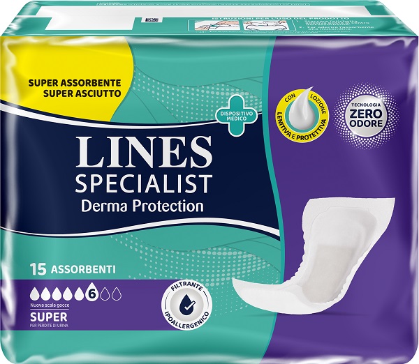 PANNOLONE PER INCONTINENZA LINES SPECIALIST DERMA PROTECTION SAGOMATO ANATOMICO SUPER 15 PEZZI - Farmafamily.it