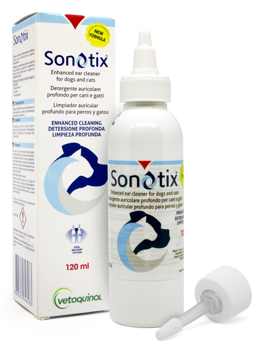 SONOTIX DETERGENTE AURICOLARE PROFONDO CANI E GATTI 120 ML + CANNULA CORTA RIGIDA + CANNULA LUNGA FLESSIBILE - Farmafamily.it