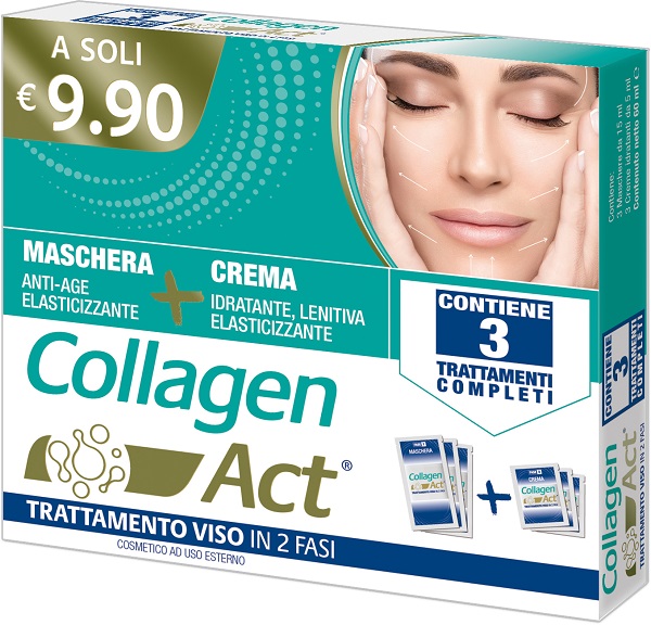COLLAGEN ACT TRATTAMENTO VISO 2 FASI MASCHERA ANTI AGE ELASTICIZZANTE 3 PEZZI DA 15 ML + CREMA IDRATANTE LENITIVA ELASTICIZZANTE 3 PEZZI DA 5 ML - Farmafamily.it
