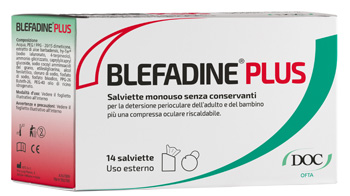 BLEFADINE PLUS 14 SALVIETTE PER DETERSIONE PERIOCULARE + 1 COMPRESSA RISCALDABILE - Farmafamily.it