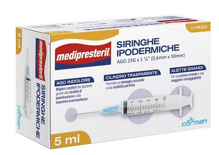 SIRINGA IPODERMICA MEDIPRESTERIL AGO 23 GAUGE 1 1/4 0,5X30MM 5 ML 10 PEZZI - Farmafamily.it