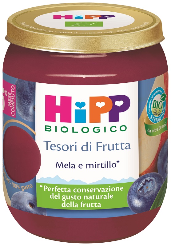 HIPP TESORI FRUTTA MELA MIRTILLO 160 G - Farmafamily.it