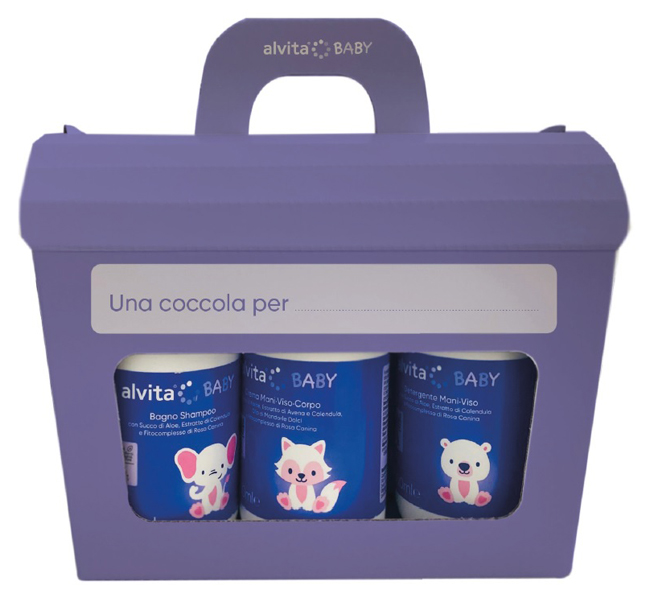 ALVITA COFANETTO BABY 5 PEZZI 1 BAGNO SHAMPOO 300 ML + 1 CREMA VISO CORPO 300 ML + 1 DETERGENTE MANI VISO 300 ML + 1 PASTA OSSIDO ZINCO 100 ML + SALVIETTE PURE WATER 60 PEZZI - Farmafamily.it