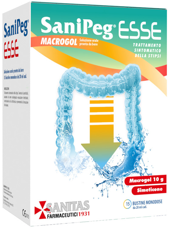SANIPEG ESSE MACROGOL SOLUZIONE ORALE PRONTO DA BERE 15 BUSTINE MONODOSE DA 20 ML - Farmafamily.it