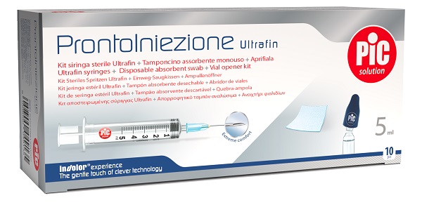 PRONTOINIEZIONE ULTRAFIN KIT SIRINGA STERILE 5 ML GAUGE 23 10 PEZZI + TAMPONCINO ASSORBENTE MONOUSO + APRIFIALA - Farmafamily.it